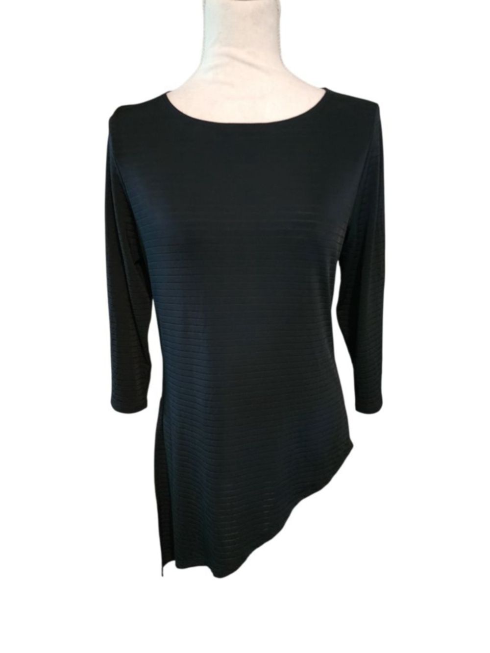 Chico's Easywear Women's S Top Black Asymmetrical Hem Striped 3/4 Sleeve